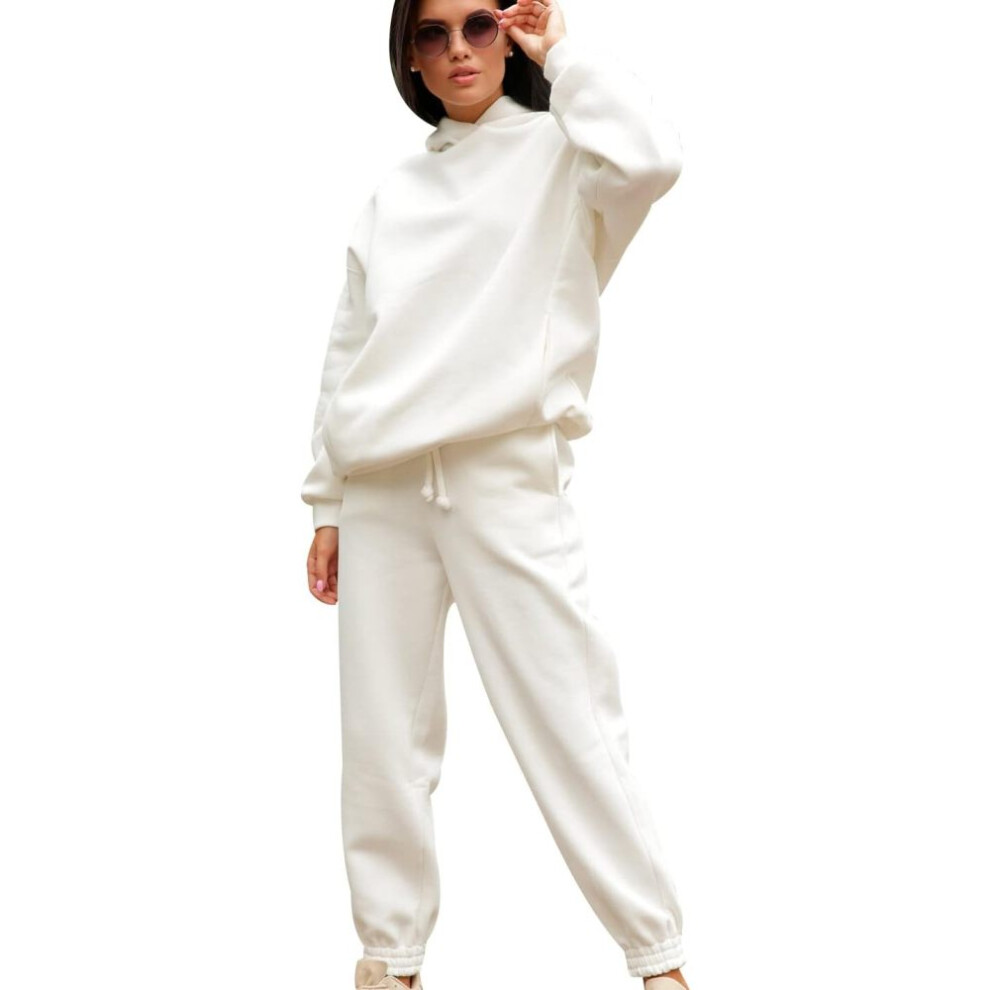 (L, White) Tracksuits Women Lounge Wear Womens Set Ladies Loungewear Sets Lady Baggy Plain Oversized Two Piece Sports Hooded Tracksuit Set for Women Tracksuits