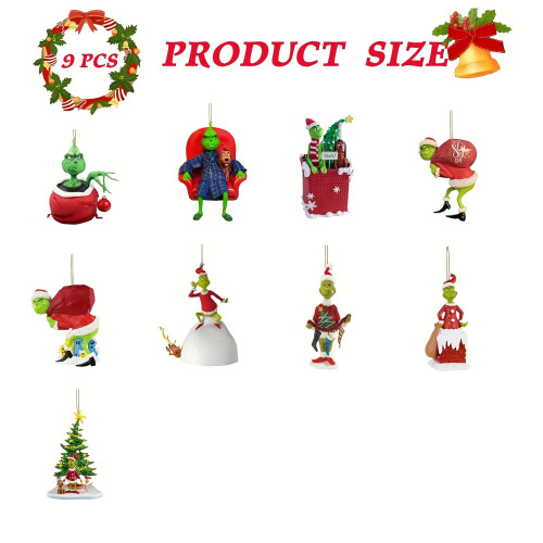 (A, 9pcs) 9-Piece Whimsical Green Monster Christmas Tree Ornament Set
