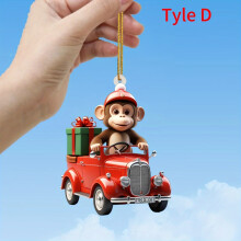 (Cute Monkey D) Christmas Monkey Driving Red Vintage Vehicle Acrylic Ornament - Festive Hanging Decor
