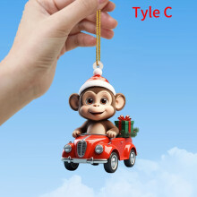 (Cute Monkey C) Christmas Monkey Driving Red Vintage Vehicle Acrylic Ornament - Festive Hanging Decor