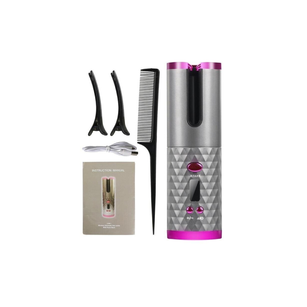 (Gray) Cordless Hair Curler Ceramic Curly Rotating Curling Iron Curls Rechargeable
