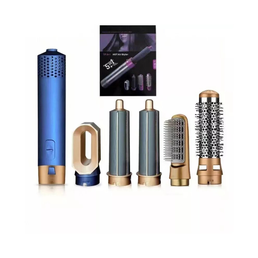 (Blue Gold) 5 in 1 Electric Hair Dryer Blow Hair Curler Set Detachable Styler Hot Air Brush