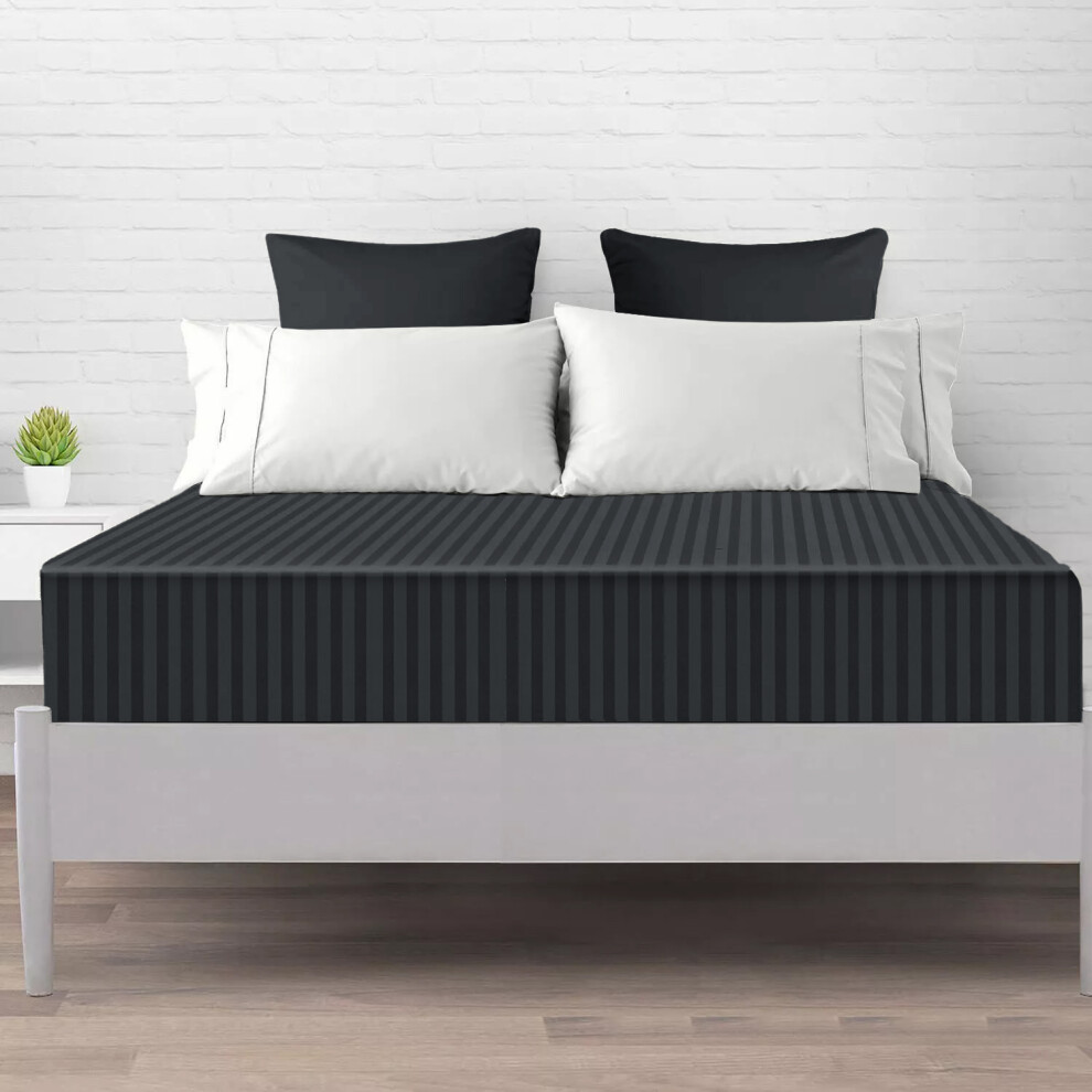 (Double Bed Fitted Sheet 40cm Stripe Pattern, BLACK) Fitted Sheet 40CM Stripe Bed Sheets & Pillowcase