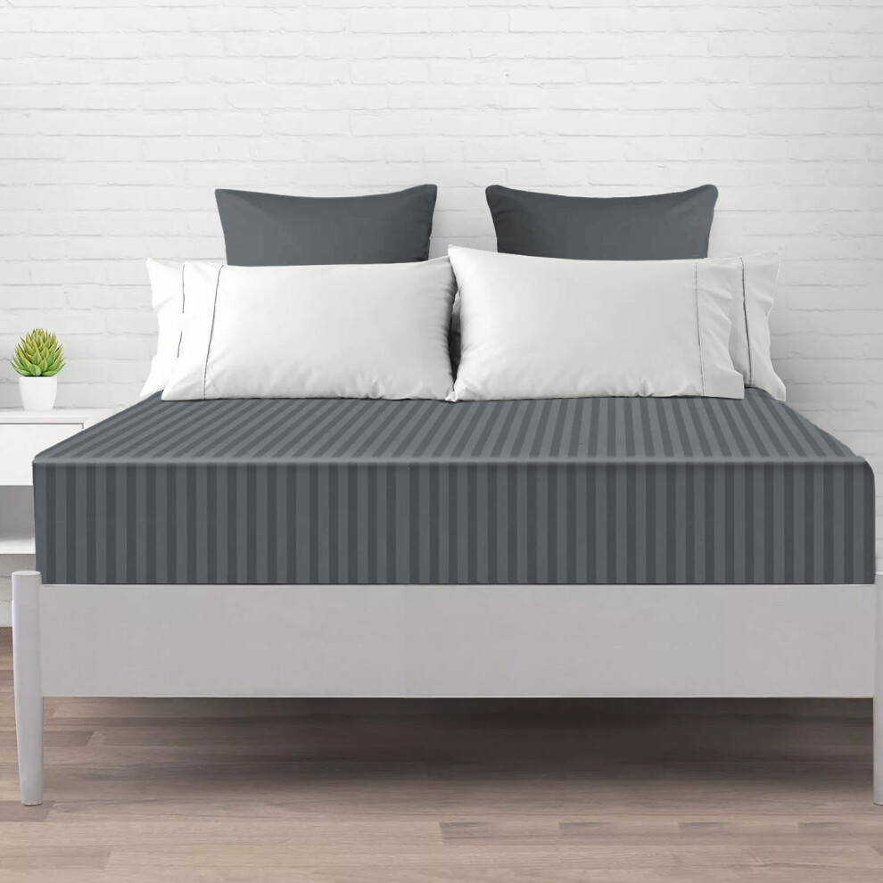 (Double Bed Fitted Sheet 40cm Stripe Pattern, CHARCOAL/DARK GREY) Fitted Sheet 40CM Stripe Bed Sheets & Pillowcase