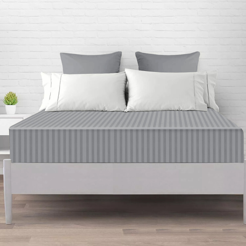 (King Bed Fitted Sheet 40cm Stripe Pattern, GREY) Fitted Sheet 40CM Stripe Bed Sheets & Pillowcase