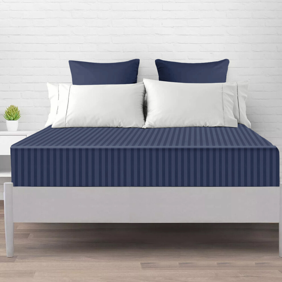 (King Bed Fitted Sheet 40cm Stripe Pattern, NAVY BLUE) Fitted Sheet 40CM Stripe Bed Sheets & Pillowcase