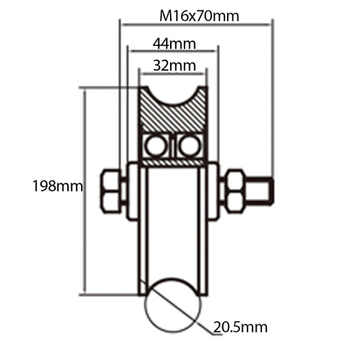200 mm rondgroefwiel, 20,5 mm groef, 2 kogellagers 1