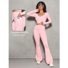 (Pink, L) Sport Lifespree Women Solid V-Neck Long Sleeve Top And Flare Leg Pants Active Wear Set