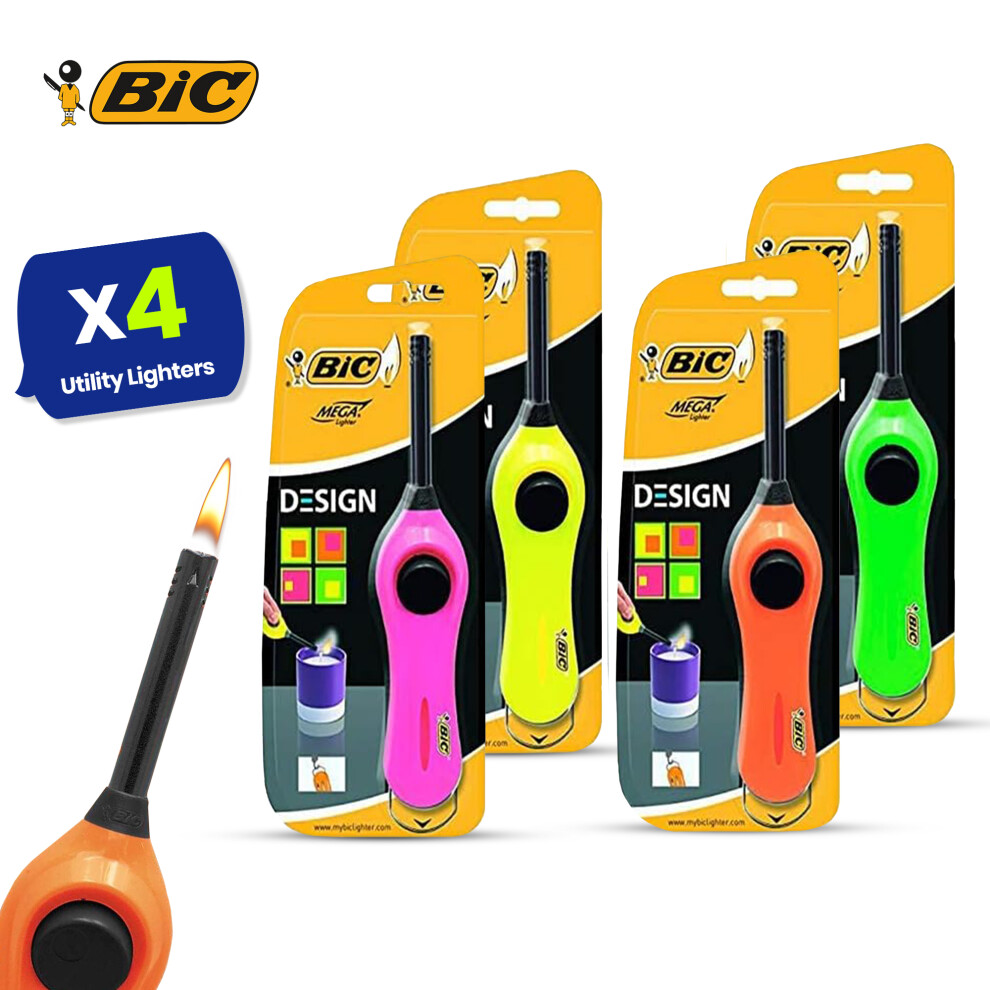 BIC Utility Lighters with 6cm Extension Rod - 4 Pack Assorted Colours