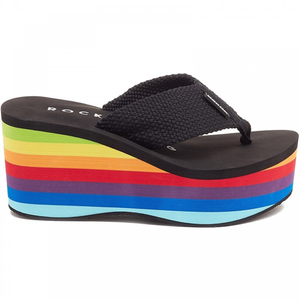 (5 (Adults')) Crush Webbing | Black | Ladies Platform Wedge Fashion Sandals