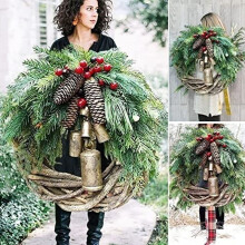 WOVTE Farmhouse Christmas Wreath Boho Holiday Wreath, 15.7'' Xmas Tree Hanging Garland, Artificial Golden Bell Wreath