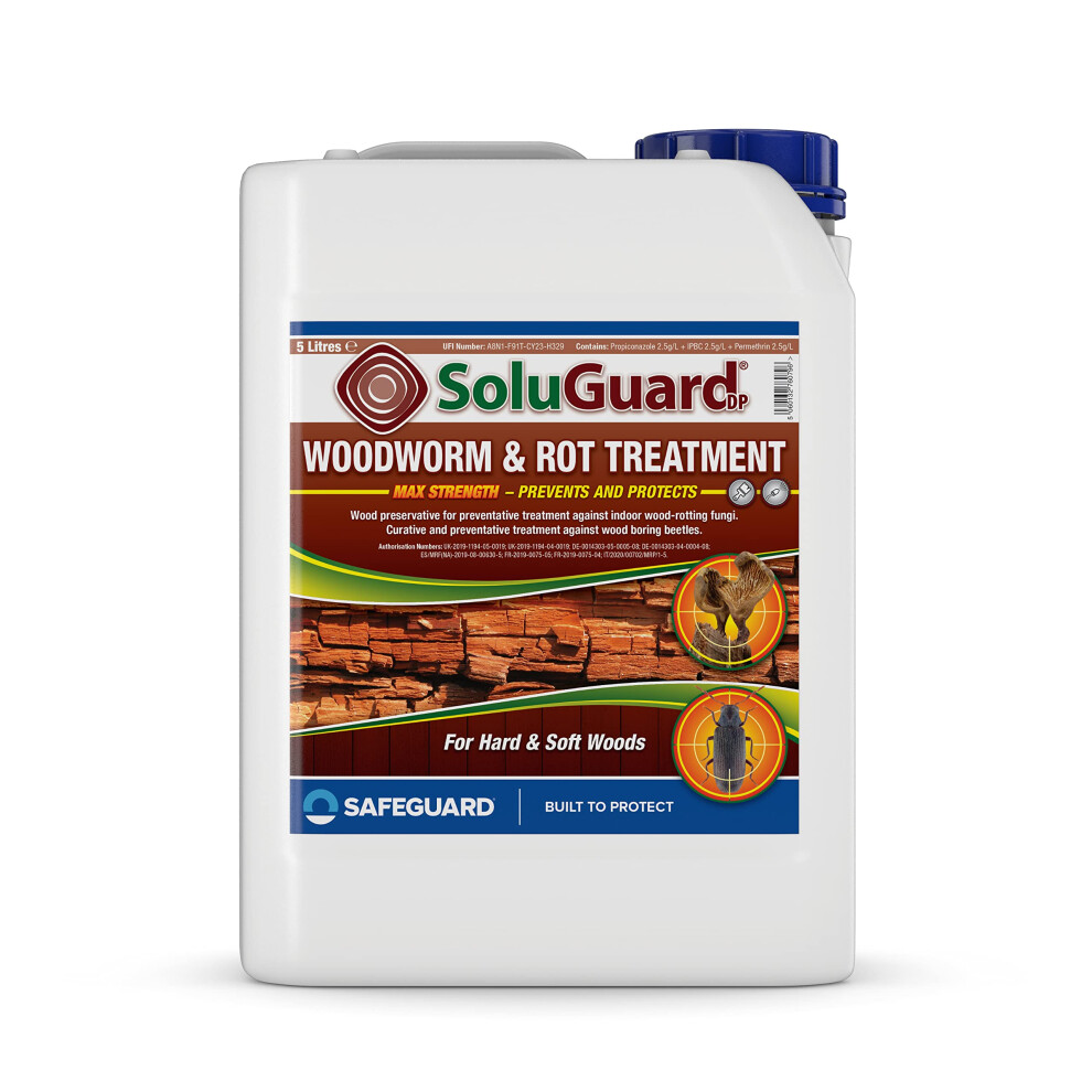 (5L Clear) Soluguard Woodworm & Rot Treatment - Ready to Use, Solvent-free Preservative Woodworm Killer. HSE approved