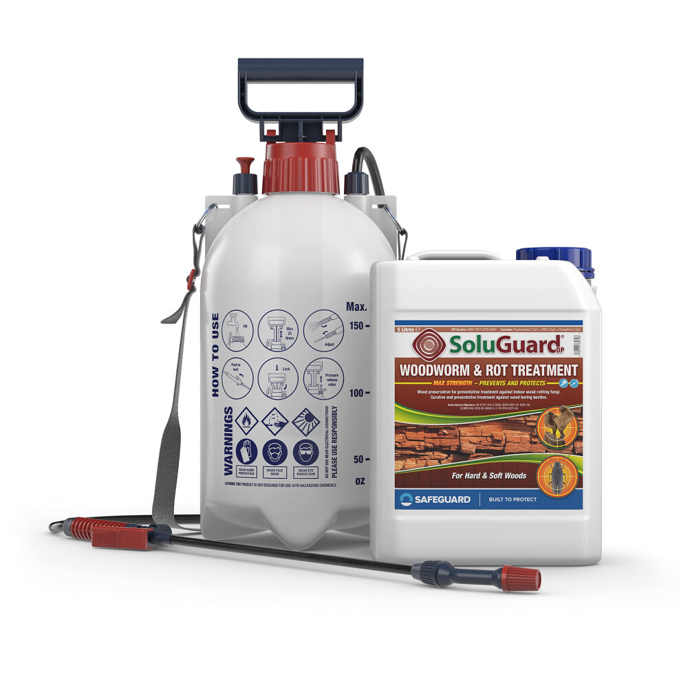 Soluguard (1 X 5L Clear & Sprayer) Woodworm & Rot Treatment - Ready To Use, Solvent-Free Preservative Woodworm Killer