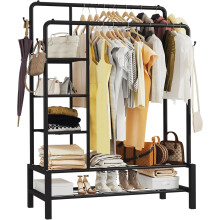 (Black) KLASS Heavy Duty Clothes Rail, Sturdy 120KG Black Metal Rack With Double Hanging Clothing Shoe Rack, Storage Shelves & 4 Coat Hooks