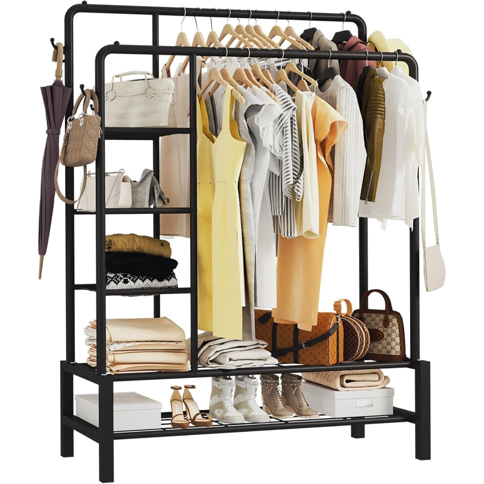 (Black) KLASS Heavy Duty Clothes Rail, Sturdy 120KG Black Metal Rack With Double Hanging Clothing Shoe Rack, Storage Shelves & 4 Coat Hooks