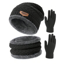 (A, Burgundy Hat + Scarf + Gloves) Winter Knit Beanie Hat Neck Warmer Scarf And Touch Screen Gloves Set Fleece Lined Skull Cap For Men Women Outdoor