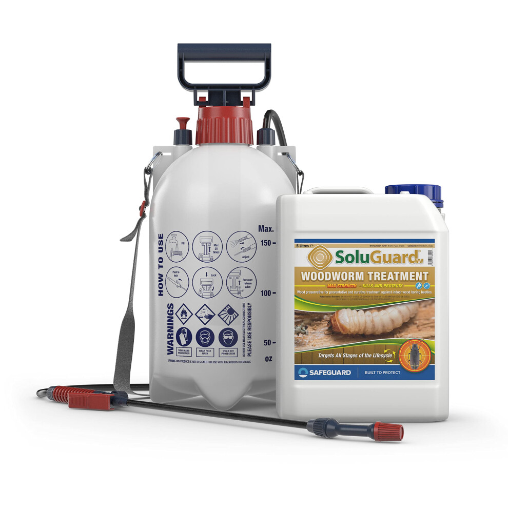 Soluguard (1 X 5L Clear & Sprayer) Woodworm Treatment - Ready For Use High Strength Woodworm Killer Spray