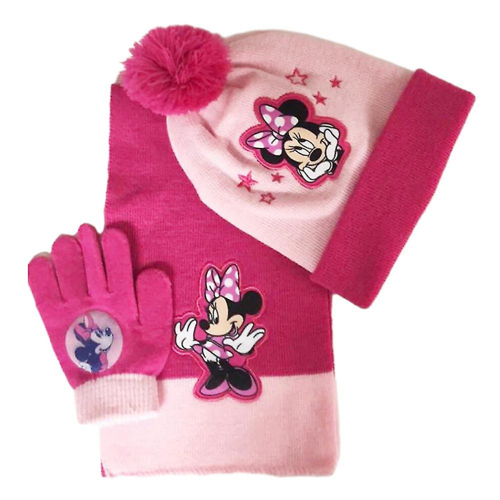 (Minnie 2) 3pcs Kids Boys Girls Beanie Hat Scarf Gloves Set Princess Elsa Sofia Minnie Winter Warm Knitted Sets Suitable For 3-8 Years