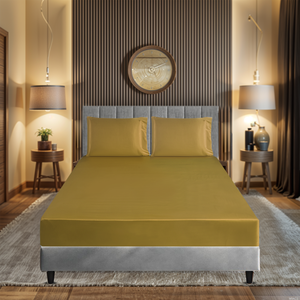 (DULL GOLD, SINGLE) 3Pcs Silky Satin Fitted Sheet Set 40cm Deep Mattress Cover Double & Pillowcase