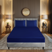 (NAVY BLUE, KING) 3Pcs Silky Satin Fitted Sheet Set 40cm Deep Mattress Cover Double & Pillowcase