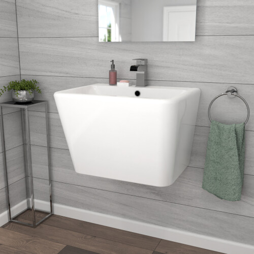 NES Home Nes Home White Modern Rectangle 565mm Square Wall Hung Ceramic Basin 1