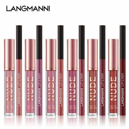 LANGMANNI 2Pcs Lipgloss Lipliner μακράς διαρκείας αδιάβροχο υγρό κραγιόν Makeup Set 2