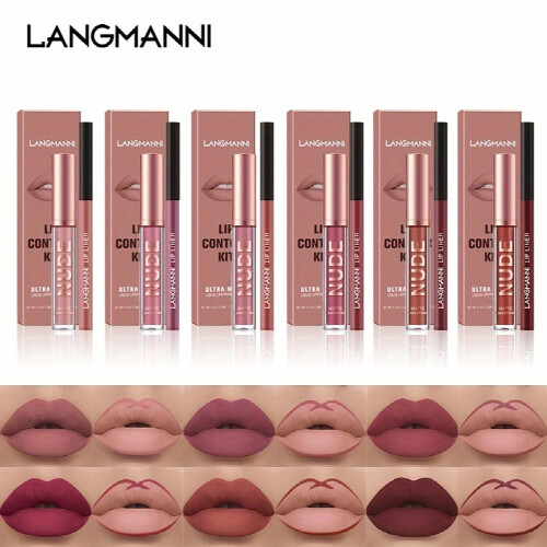 LANGMANNI 2Pcs Lipgloss Lipliner μακράς διαρκείας αδιάβροχο υγρό κραγιόν Makeup Set 1