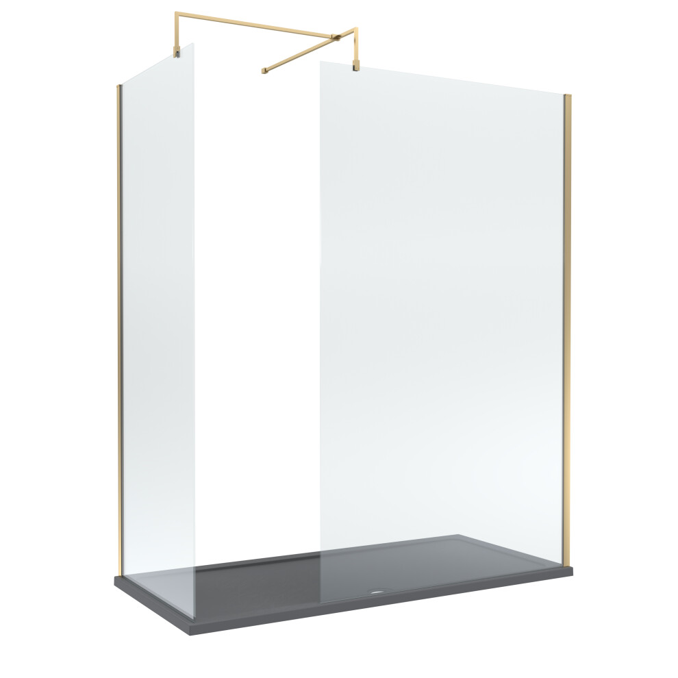 Balterley 8Mm Glass Walk In Wetroom Screens With Brushed Brass Profile And Slate Shower Tray - 1700 X 700Mm Grey