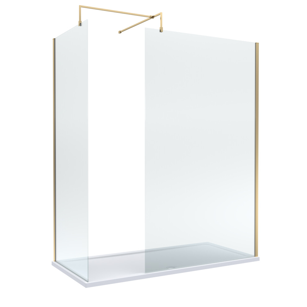 8mm Glass Walk In Wetroom Screens with Brushed Brass Profile and White Shower Tray - 1700 x 800mm