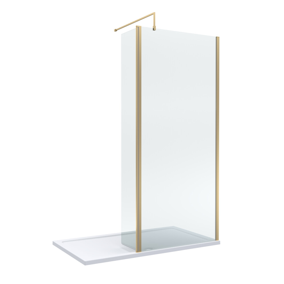 8mm Glass Walk In Wetroom Screen and Hinged Return Screen with Brushed Brass Profile and Shower Tray - 1400 x 700mm