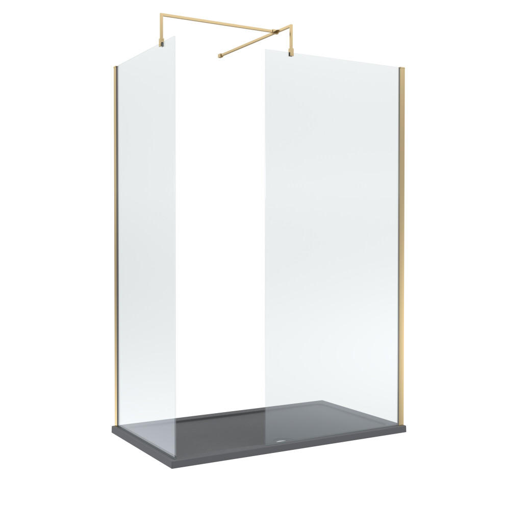 Balterley 8Mm Glass Walk In Wetroom Screens With Brushed Brass Profile And Slate Shower Tray - 1400 X 900Mm Grey