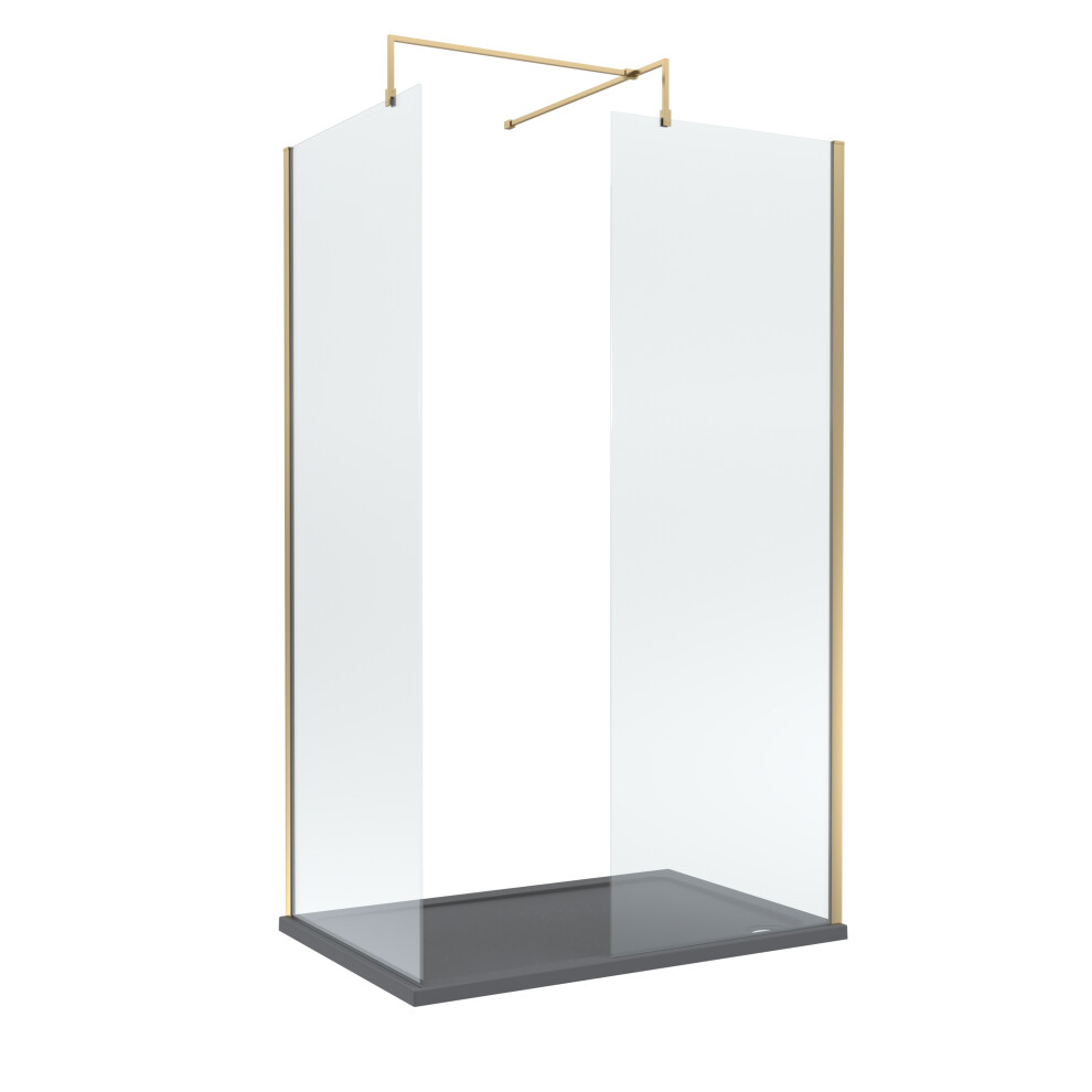 Balterley 8Mm Glass Walk In Wetroom Screens With Brushed Brass Profile And Slate Shower Tray - 1200 X 800Mm Grey