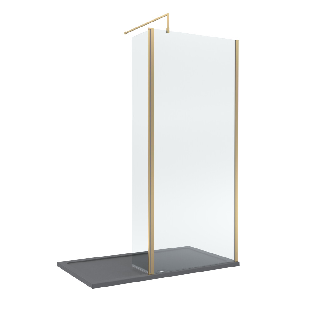 8mm Glass Walk In Wetroom Screen and Hinged Return Screen with Brushed Brass Profile and Grey Shower Tray - 1400 x 800mm