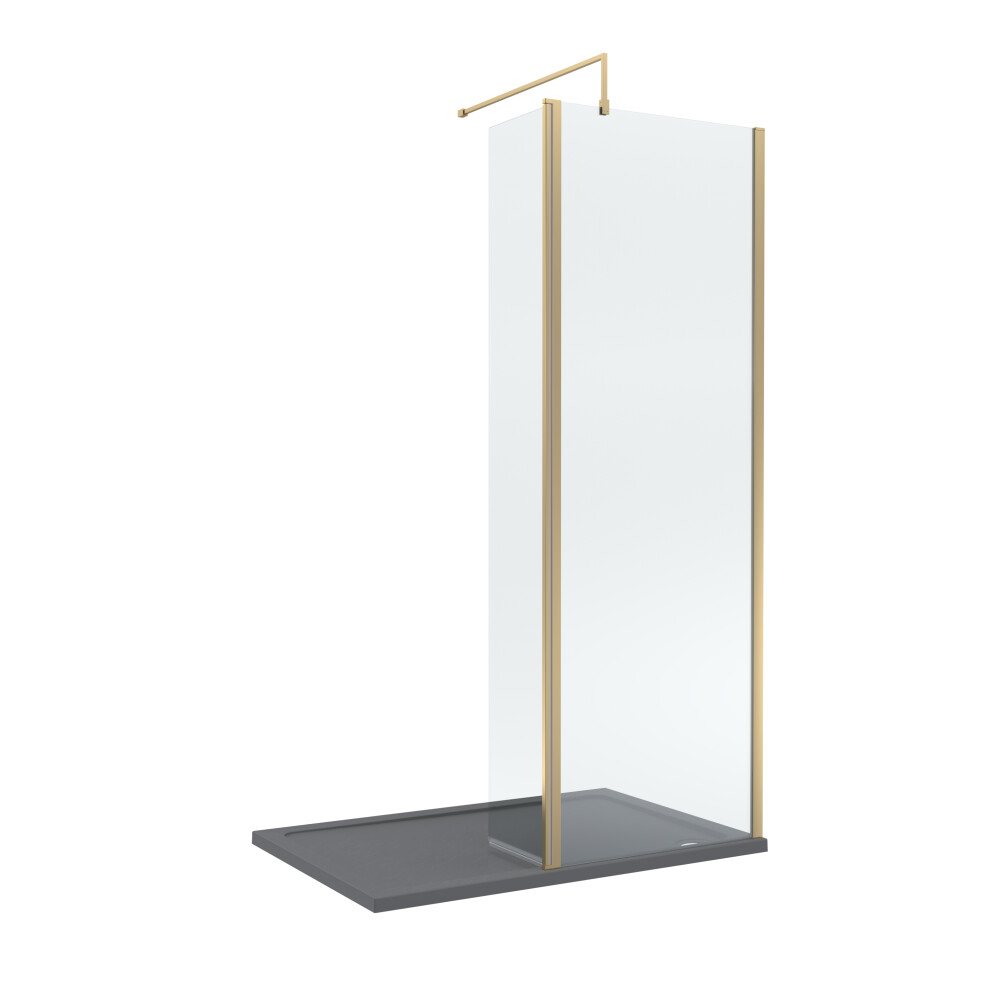 8mm Glass Walk In Wetroom Screen and Hinged Return Screen with Brushed Brass Profile and Grey Shower Tray - 1200 x 900mm