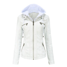(white, 7XL) Women's Hooded PU leather jacket Removable Washed leather