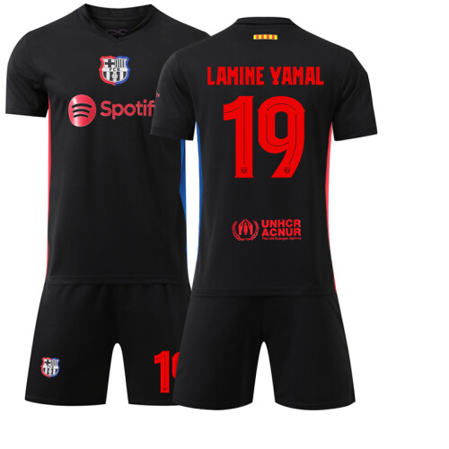 (XS, BLACK 19) 2025 Adult Kids Soccer Uniform MESSI 10 LAMINE YAMAL 19 OLMO 20 RAPHINHA 11 Football Jersey