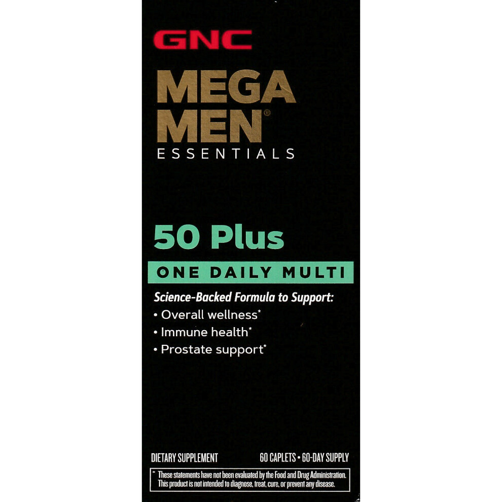 GNC Mega Men Essentials 50 Plus One Daily Mutli, 60 Caplets - Men's Multivitamin to support overall wellness, immune health, and prostate health