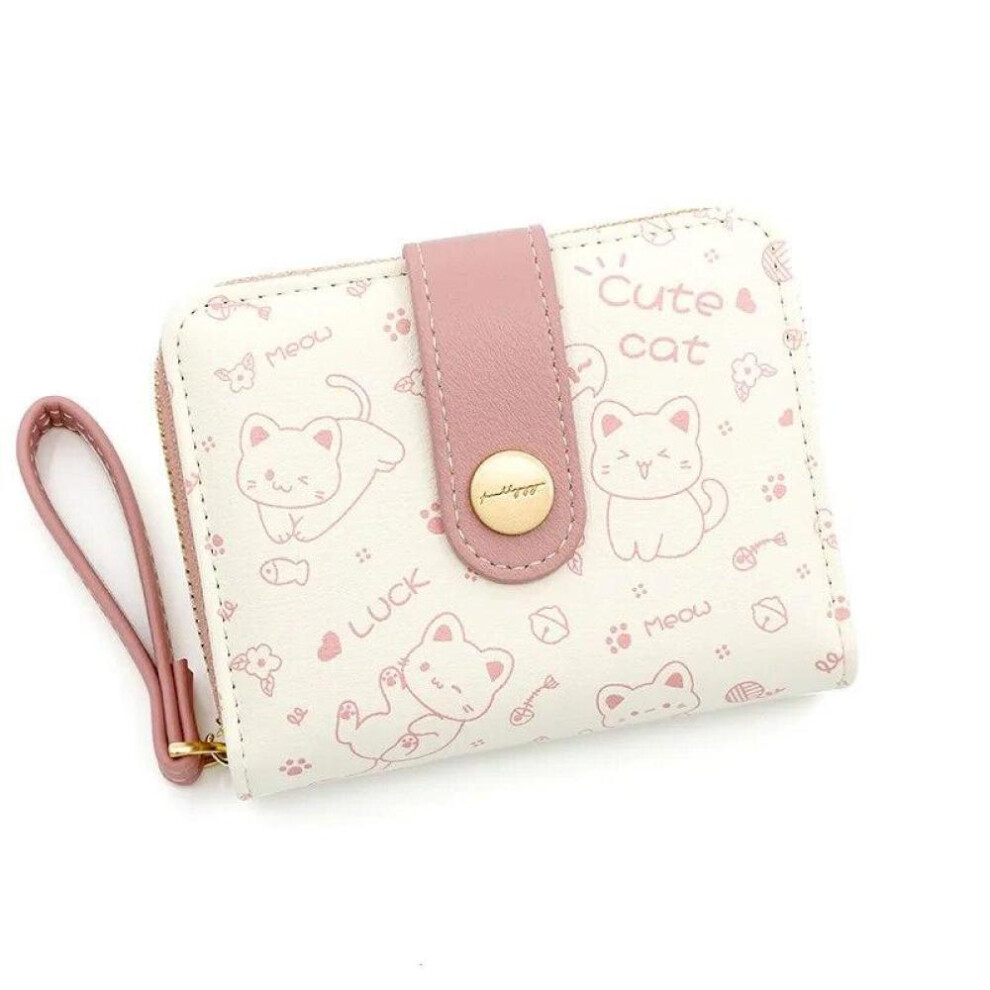 (Pink, One Size) Japanese Cute Cat Girls Wallet Short Student Id/Bank Card Holder Money Bag Zipper Wallets For Women Key Storage Purse