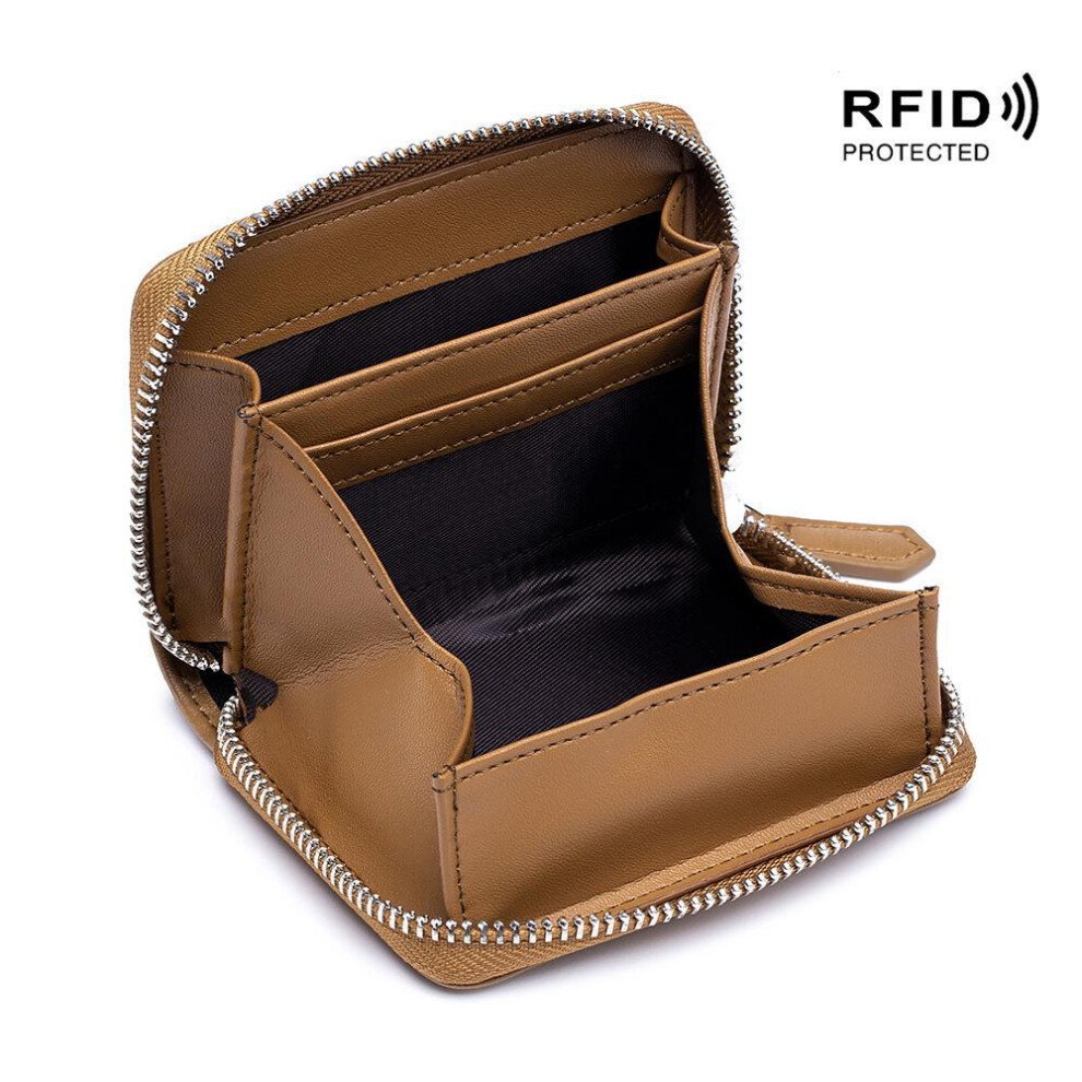 (Khaki, One Size) New Cowhide Women Wallets Female Genuine Leather Purses RFID Card Holders Small Portable Coin Purse Large Capacity Money Bag