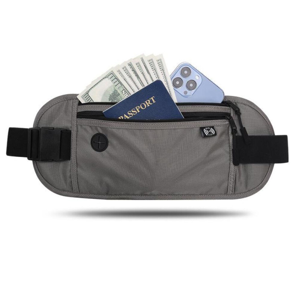 (Light Grey) Travel Waist Bag RFID Blocking Waterproof Waist Fanny Pack Hidden Wallet RFID Blocker Passport Holder Bag