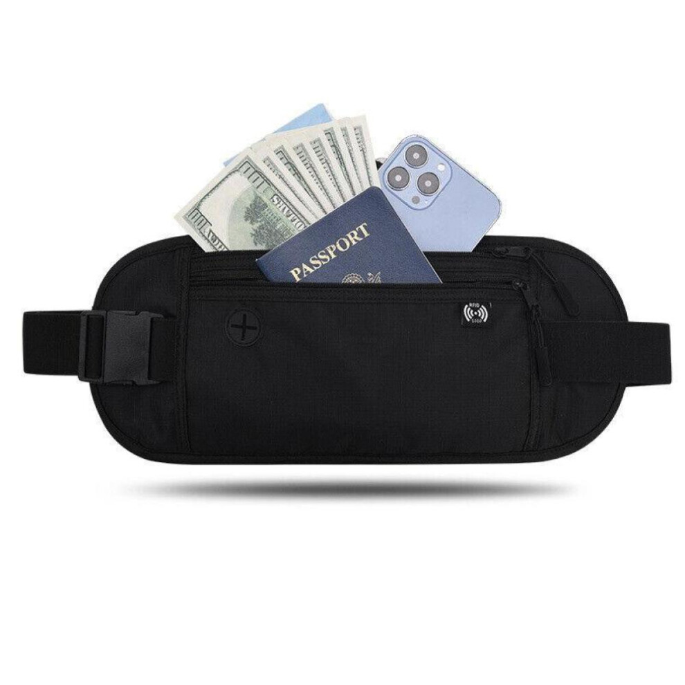 (Black) Travel Waist Bag RFID Blocking Waterproof Waist Fanny Pack Hidden Wallet RFID Blocker Passport Holder Bag