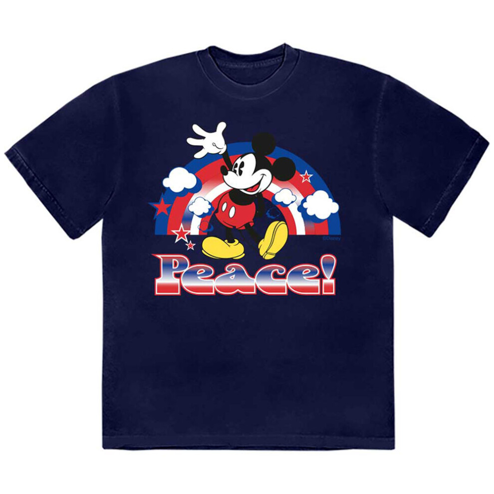 (S, Navy) Mickey Mouse Peace Rainbow Logo T Shirt
