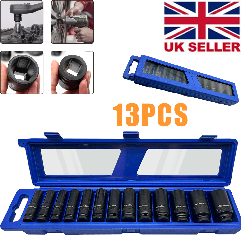13Pcs Deep Impact Socket Set 1/2" Drive 6Point Hex Long Reach Sockets 617824559555