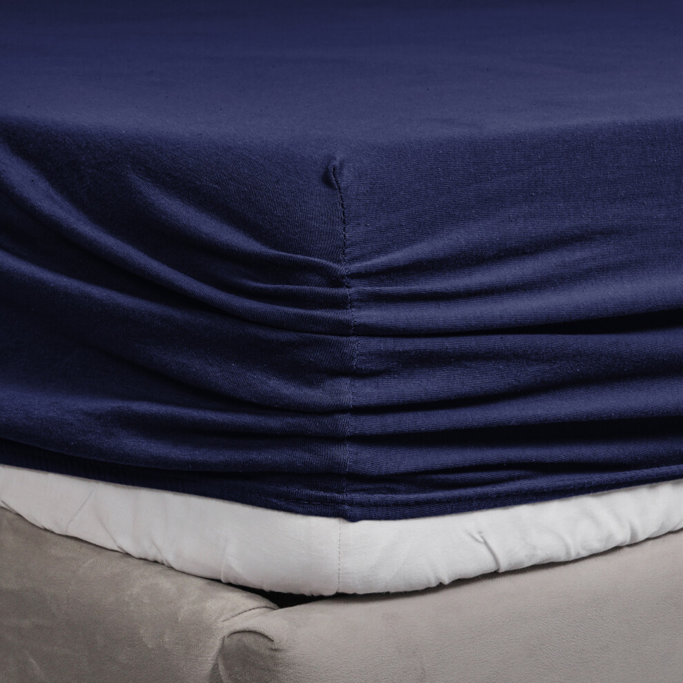 (Cotton Double Fitted Bed Sheets 30cm, JERSEY FITTED SHEET BLUE (NAVY)) Jersey Fitted Sheets 30cm Soft Cotton Bed Sheet UK