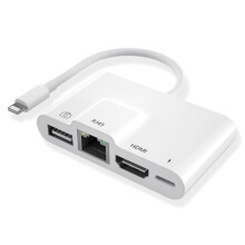 4-in-1 8-Pin OTG AV Adapter: HDMI 1080p Output, RJ45 Ethernet, USB Port & 5V Power for Phones/Tablets