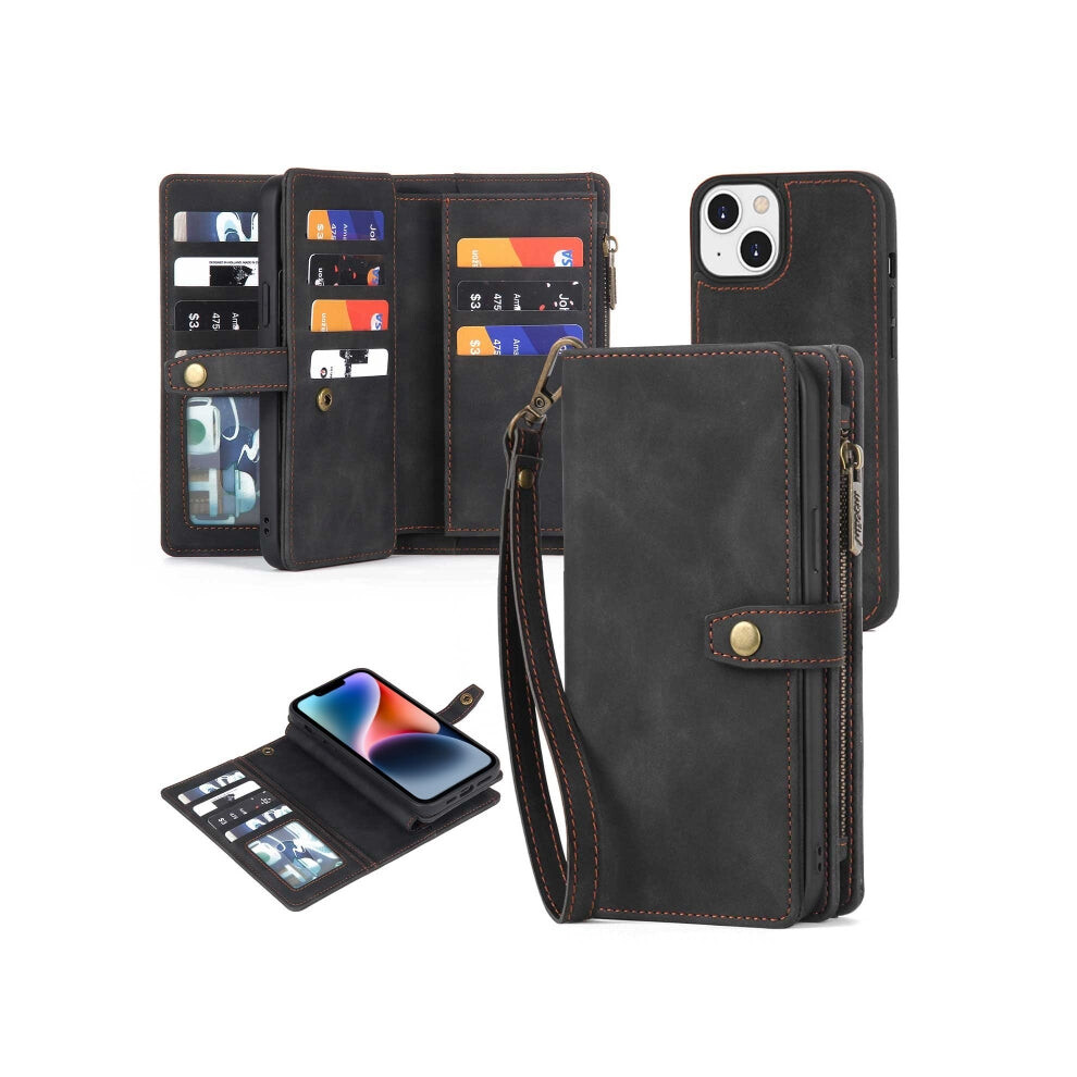 For Iphone 14 Zipper Wallet Magnetic Detachable Leather Phone Case(Black) Black 740390257522