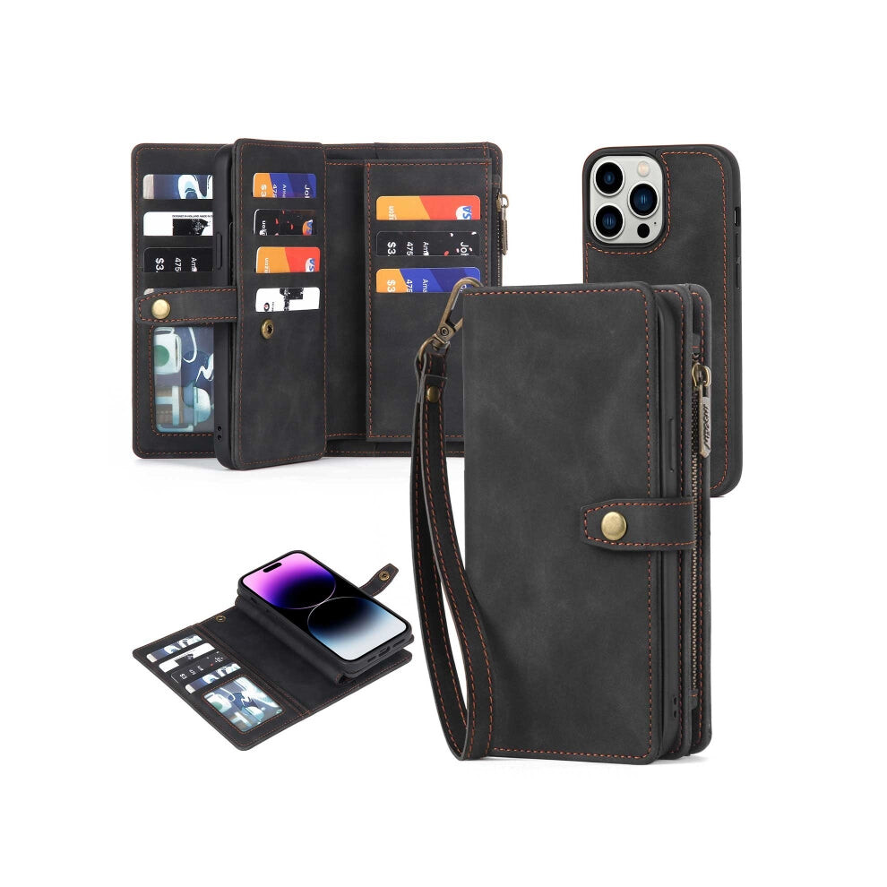 For Iphone 14 Pro Max Zipper Wallet Magnetic Detachable Leather Phone Case(Black) Black 740390257515