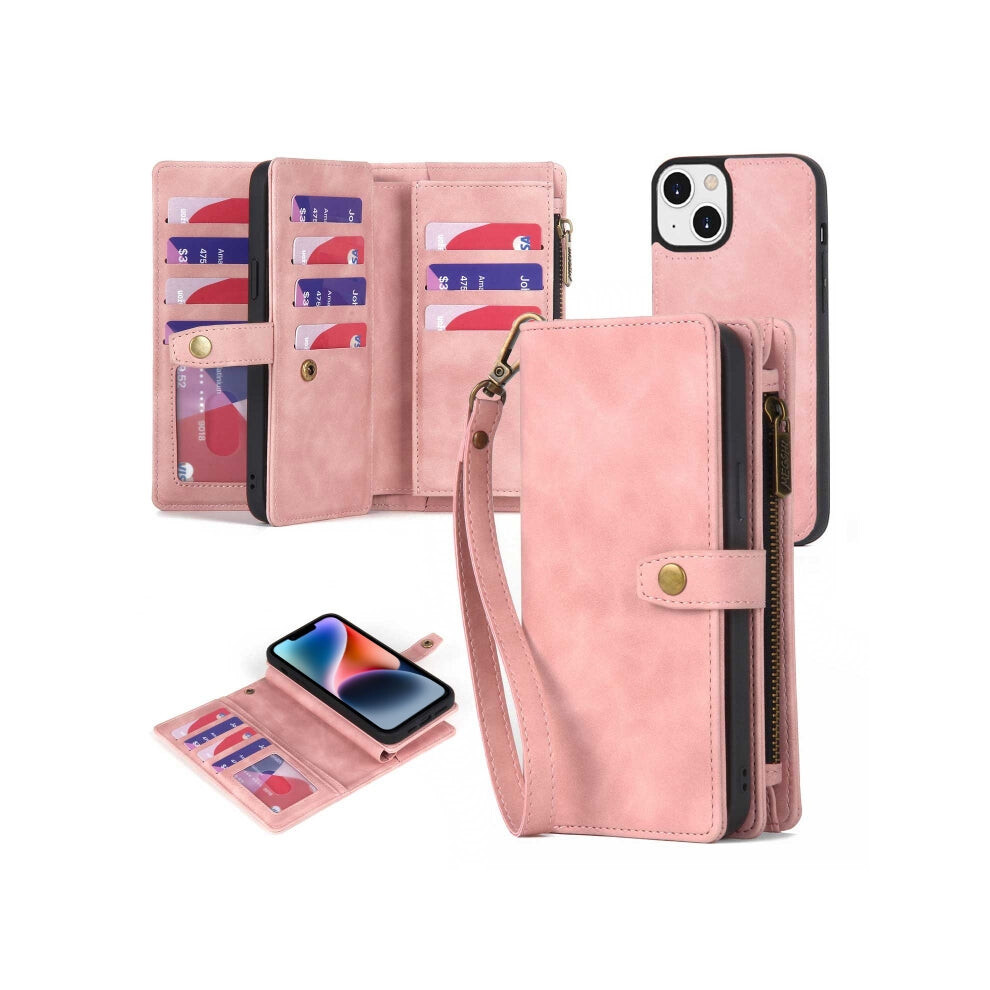 For Iphone 14 Zipper Wallet Magnetic Detachable Leather Phone Case(Pink) Pink 740390257492