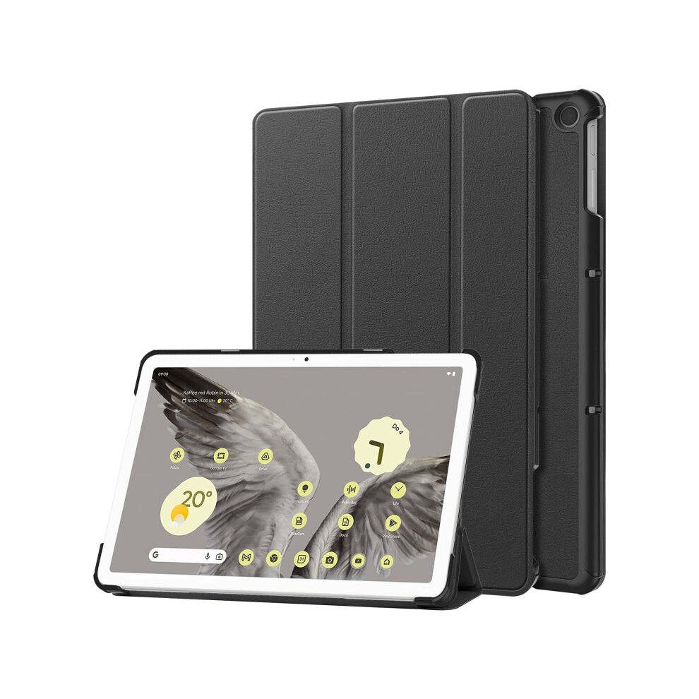 For Google Pixel Tablet Custer Pure Color 3-Fold Holder Smart Leather Tablet Case(Black)