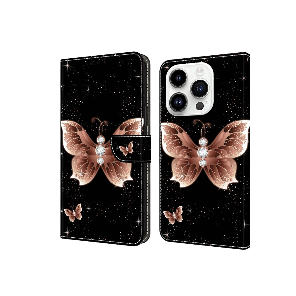 For Iphone 15 Pro Crystal 3D Shockproof Protective Leather Phone Case( Diamond Butterfly) Pink 740441808468